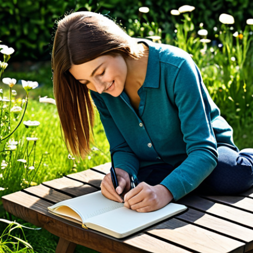 Home 4 Cultivating Gratitude**
A person writing in a gratitude journal outdoors in a sunny garden, surrounded by blooming flowers. Fully clothed in comfortable, casual clothing. Emphasis on the peaceful and serene atmosphere. Safe for work, appropriate content, professional quality, perfect anatomy, natural pose, family-friendly. Include elements suggesting mindfulness and appreciation of small joys.
**
