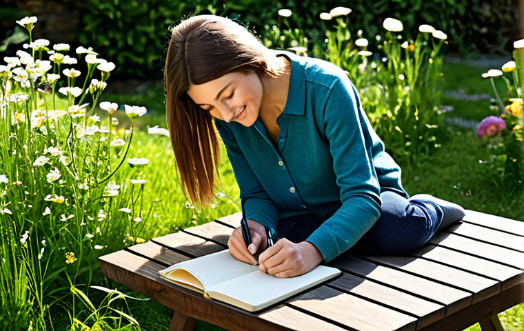 Cultivating Gratitude**

A person writing in a gratitude journal outdoors in a sunny garden, surrounded by blooming flowers. Fully clothed in comfortable, casual clothing. Emphasis on the peaceful and serene atmosphere. Safe for work, appropriate content, professional quality, perfect anatomy, natural pose, family-friendly. Include elements suggesting mindfulness and appreciation of small joys.

**