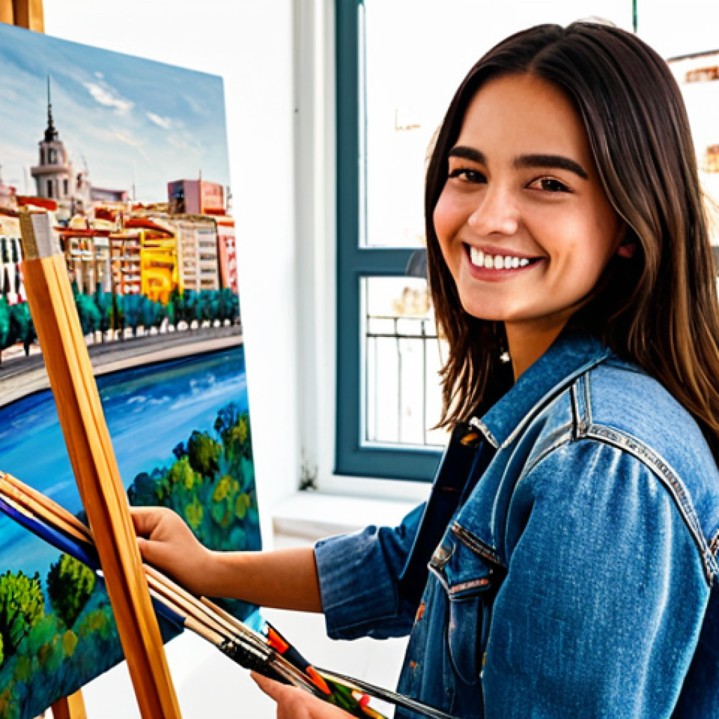 **

A young woman, an aspiring artist, fully clothed in a denim jacket and jeans, stands in a bright, modern art studio filled with canvases and paintbrushes. She is smiling confidently as she examines her latest artwork, a vibrant abstract painting. The studio has large windows overlooking a bustling city street in Madrid. Safe for work, appropriate content, perfect anatomy, natural pose, professional photography, high quality, modest clothing, well-formed hands, proper finger count, natural body proportions, family-friendly.

**