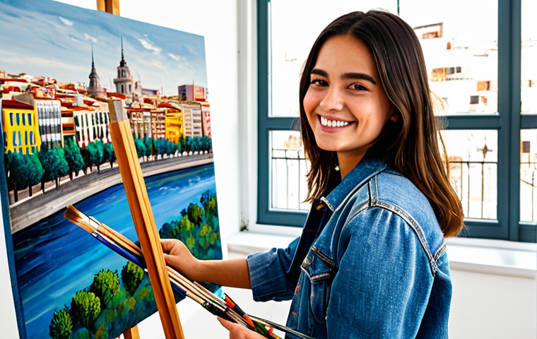**

A young woman, an aspiring artist, fully clothed in a denim jacket and jeans, stands in a bright, modern art studio filled with canvases and paintbrushes. She is smiling confidently as she examines her latest artwork, a vibrant abstract painting. The studio has large windows overlooking a bustling city street in Madrid. Safe for work, appropriate content, perfect anatomy, natural pose, professional photography, high quality, modest clothing, well-formed hands, proper finger count, natural body proportions, family-friendly.

**