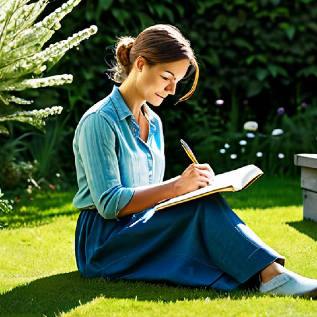 Self-Discovery**

A woman sitting comfortably in a sunlit garden, journaling in a notebook, fully clothed in modest casual wear, peaceful environment, safe for work, perfect anatomy, natural pose, professional illustration, family-friendly.

**