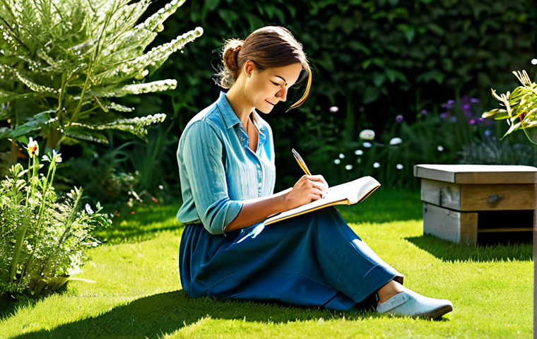 Self-Discovery**

A woman sitting comfortably in a sunlit garden, journaling in a notebook, fully clothed in modest casual wear, peaceful environment, safe for work, perfect anatomy, natural pose, professional illustration, family-friendly.

**
