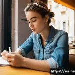 삶의 목적을 찾기 위한 워크숍 기획하기 - **Prompt:** A young woman in her late 20s, sitting in a sunlit Barcelona cafe, sketching in a notebo...