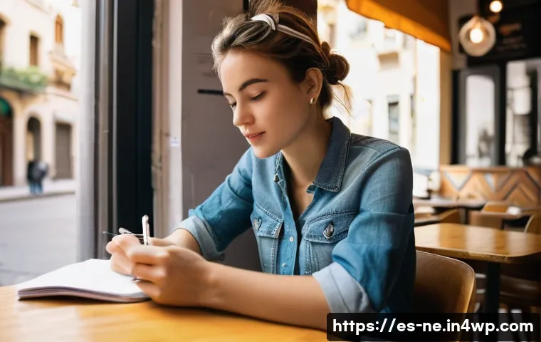 삶의 목적을 찾기 위한 워크숍 기획하기 - **Prompt:** A young woman in her late 20s, sitting in a sunlit Barcelona cafe, sketching in a notebo...