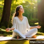 삶의 목표를 위한 로드맵 만들기 - A serene and thoughtful young woman, aged 25-30, sits cross-legged on a smooth, moss-covered rock in...