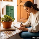 목적을 찾기 위한 다양한 실습 방법 - A serene scene of a young Spanish woman sitting at a wooden desk by a window in a cozy, sunlit room,...