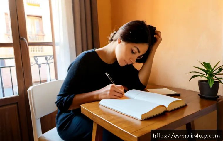 삶의 의미를 찾기 위한 일지 작성하기 - Photorealistic morning scene in a warm Spanish-style apartment, thoughtful adult seated at a simple ...